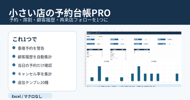 小さい店の予約台帳PRO｜重複予約・顧客履歴・再来店フォローをExcelで一元管理