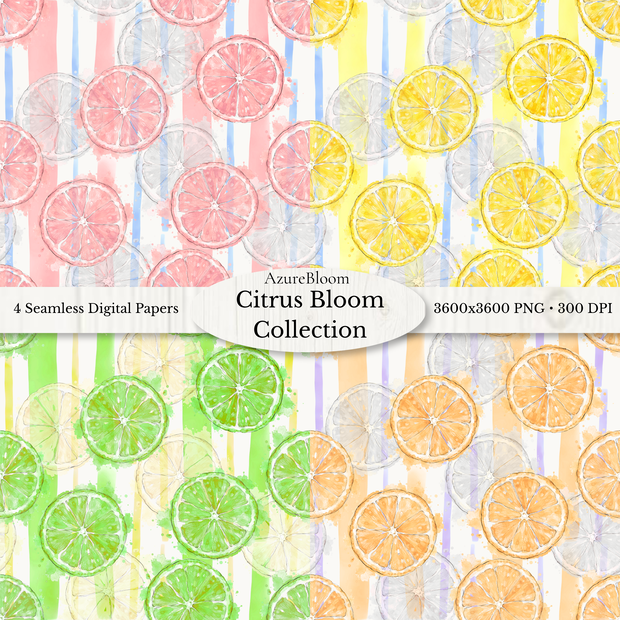 Citrus Bloom Collection　水彩デジタルペーパー 4データセット(3600px・PNG)