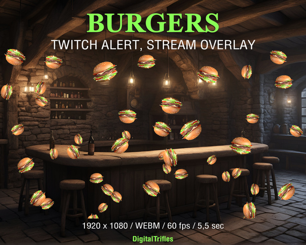 Twitch アラート アニメーション バーガー、ストリーム オーバーレイ ストリーマーと Vtuber 向けハンバーガー アラート / Twitch Alert Animated Burgers, Stream Overlay Hamburger Alert for Streamers and Vtubers