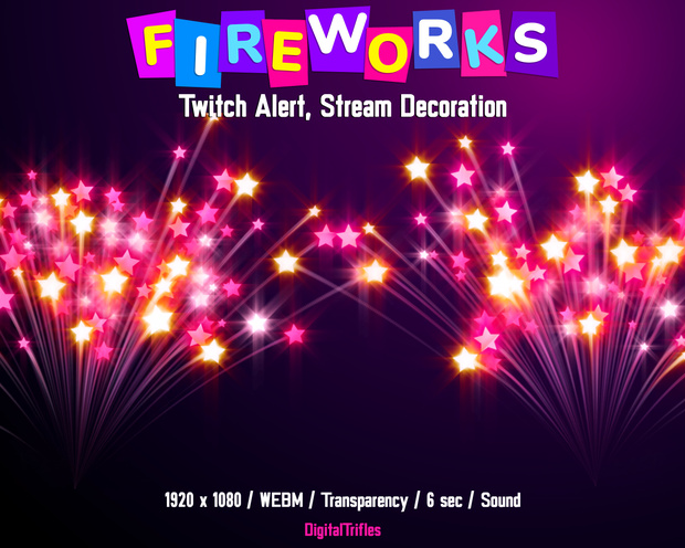 ピンクの明るいアニメーション花火、Twitch アラート、透明な背景とサウンドを備えたストリーム オーバーレイ / Animated Pink Fireworks, Twitch Alert, Stream Overlay with Transparent Background and Sound