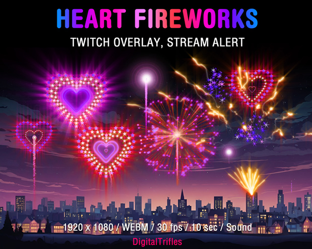 ハート型のピンクの花火、アニメーション ストリーム オーバーレイ、Twitch アラート、OBS、StreamElements、Streamlabs 用、サウンド付き / Hearts Shaped Pink Fireworks, Animated Stream Overlay, Twitch Alert, for OBS, StreamElements, Streamlabs
