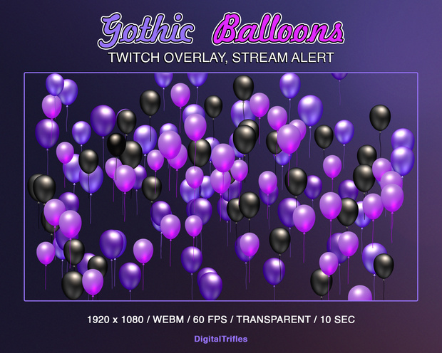 Twitch オーバーレイ アニメーション ゴス バルーン、ストリーム アラート、黒、紫のバルーン / Animated Gothic Balloons, Stream Overlay, Witchy Streamers and VTubers Asset, Twitch Alert