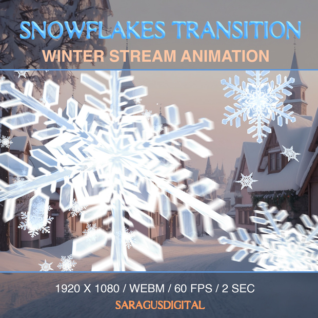 スノーフレーク・スティンガー・トランジション、冬の配信向けのアニメーション雪オーバーレイ、Twitch用シーンチェンジ、降雪、クリスマス、正月 / Snowflakes stinger transition, animated snow overlay for winter streams, Twitch transition, Christmas, New Year