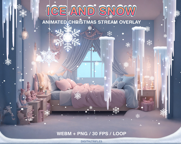 クリスマス配信装飾、冬のアニメーションTwitchオーバーレイ、氷、雪、雪の結晶、かわいくて居心地の良いストリーミング素材（ストリーマーやVtuber向け）/ Christmas Stream Decoration, Winter Animated Twitch Overlays, Ice, Snow, Snowflakes, Cute Cozy Streaming Assets