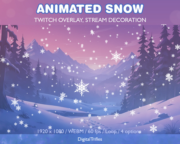 アニメーション化された雪の Twitch オーバーレイ、ストリーム アセット、冬とクリスマスのストリーミング テーマ、4 つの降雪と雪の結晶のストリーム デコレーション、ループ動画  / Animated Snow Twitch Overlay, Winter, Christmas, Snowfall, Snowflake, Stream Decorations, Loop