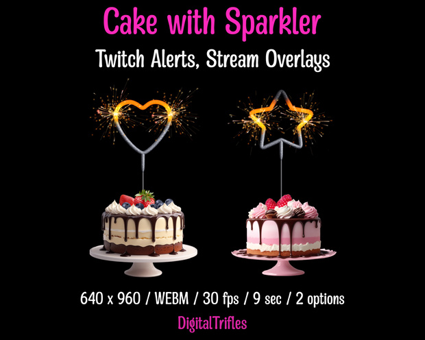 スパークラー付きケーキのTwitchアラート、アニメーションストリームオーバーレイ、祝祭用ストリーム装飾、VTuber向けアセッ / Twitch Alerts Cake Sparklers, Animated Stream Overlays, Happy Birthday Streaming Alerts, Festive Stream Decor, Vtuber Assets