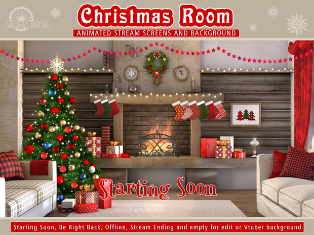 クリスマスルーム ツイッチオーバーレイ、動く配信画面、 OBSのシーン、Twitch用シーン、 正月、冬、クリスマスツリー、暖炉、非AI / Christmas Twitch Overlay, Animated Stream Screens, Starting Soon, BRB, Vtuber Room, Winter, Xmas Tree, Fireplace, No AI