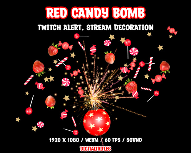 甘い赤いボム、キャンディーとイチゴ入り、ツイッチオーバーレイ、ストリームアラート、ストリームデコレーション / Red Candy Bomb Twitch Alert, Full Screen Animated Stream Overlay, Candy and Strawberry BOOM! Stream Decoration, Sound