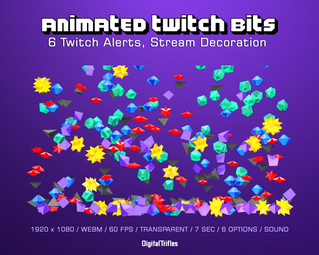 アニメーション ビット、ストリーム アラート パッケージ、6 つのフルスクリーン Twitch アラート、透明、新しい応援、寄付 / Animated Bits on Transparent Background, Stream Alert Package, 6 Full Screen Twitch Alerts, New Cheering, New Donations
