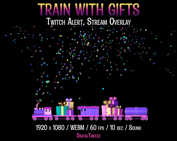 おもちゃの機関車がプレゼントを届けました、Twitch アラート、ストリーム オーバーレイ、Vtuber とストリーマー向けのアニメーション アセット / Twitch Alert, Stream Overlay, Train with Gifts, Animated Asset for Vtubers and Streamers, Fullscreen Stream Alert