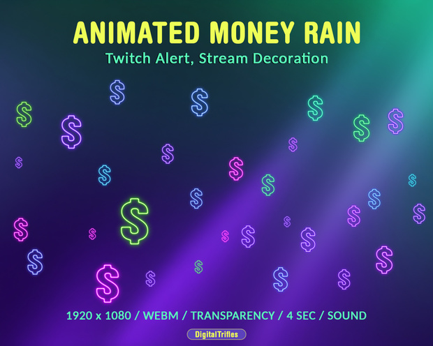 マネーレインTwitchアラート、落下するドル記号、新しい寄付、応援、ビット、ヒント、サウンド付きアニメーションストリームオーバーレイ / Money Rain Twitch Alert, Falling Dollar Signs, New Donation, Cheer, Bits, Tips, Animated Stream Overlay with Sound