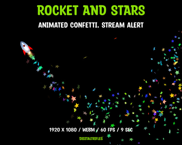 アニメーションストリームオーバーレイ、ロケットと紙吹雪の星、ストリーマーやVTuber向けのフルスクリーンTwitchアラート / Animated Stream Overlay, Rocket and Confetti Stars, Fullscreen Twitch Alert for Streamers & VTubers