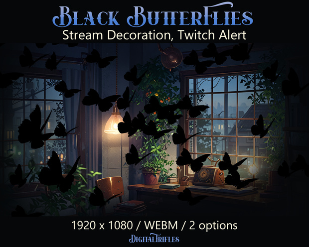 黒い蝶、Twitch オーバーレイ、ストリーム デコレーション、ストリーマーと Vtuber 向けのアニメーション Twitch アラート、神秘的、魔女、ダークな美学 / Black Butterflies, Stream Overlays, Animated Twitch Alerts, Mystic, Dark Aesthetic, Witchcraft, Gothic