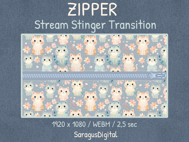 Twitchスティンガートランジション、ジッパーとかわいい猫、配信トランジション、アニメーションオーバーレイ、ストリーマーやVTuber向け / Twitch Stinger Transition, Zipper and Cute Cats, Stream Transition, Animated Overlay, for Streamers and VTubers
