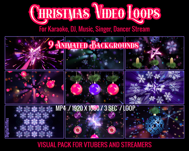 クリスマス動画ループ・配信背景・ステージ演出9種（VTuber・配信者・DJ・VJ・歌配信・カラオケ向け）/ Christmas Video Loops, Stream Backgrounds, 9 Visual Stage FX for VTubers and Streamers, for DJ, VJ, Singing, Karaoke
