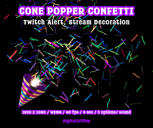 紙吹雪配信アラート、パーティーポッパーのアニメーションオーバーレイ（WEBM・サウンド付き・3種類）/ Confetti Cannon Stream Alerts, Party Popper Animated Overlays, WEBM with Sound, 3 Styles