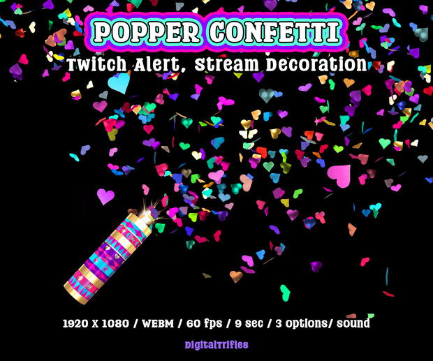ハート型紙吹雪の配信アラート、パーティーポッパーTwitchオーバーレイ（WEBMアニメーション3種・サウンド付き）/ Heart Confetti Stream Alert, Party Popper Twitch Overlay for Streamers, 3 WEBM Animations, Sound