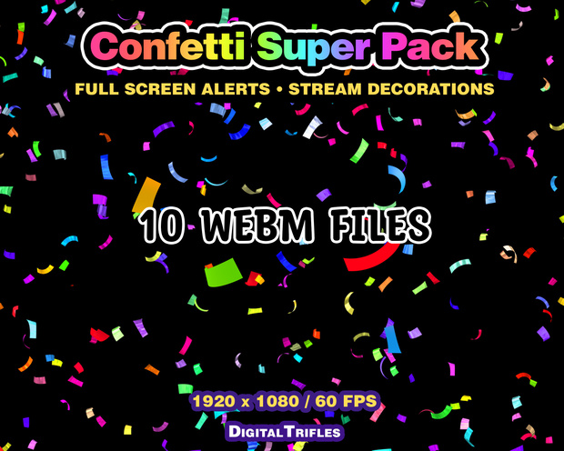 カラフルな紙吹雪のTwitch配信アラート、3Dアニメーションオーバーレイ（10種類パック・フルスクリーン） / Confetti Twitch Alerts, 3D Animated Stream Overlay, 10 Variations Pack, Fullscreen Multicolor Confetti