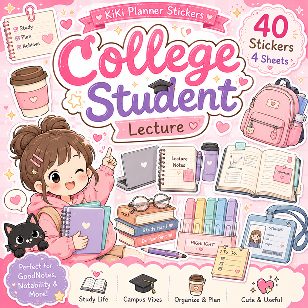 College Student Lecture デジタルプランナーステッカー 40種類｜GoodNotes対応｜大学・勉強・講義スケジュール｜PNGイラスト素材
