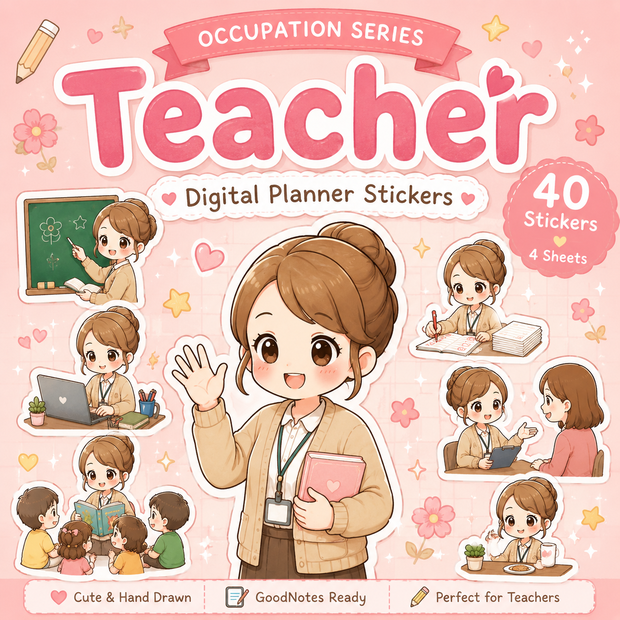 Teacher Digital Planner Stickers｜先生のデジタルステッカー40枚｜GoodNotes対応 PNG素材