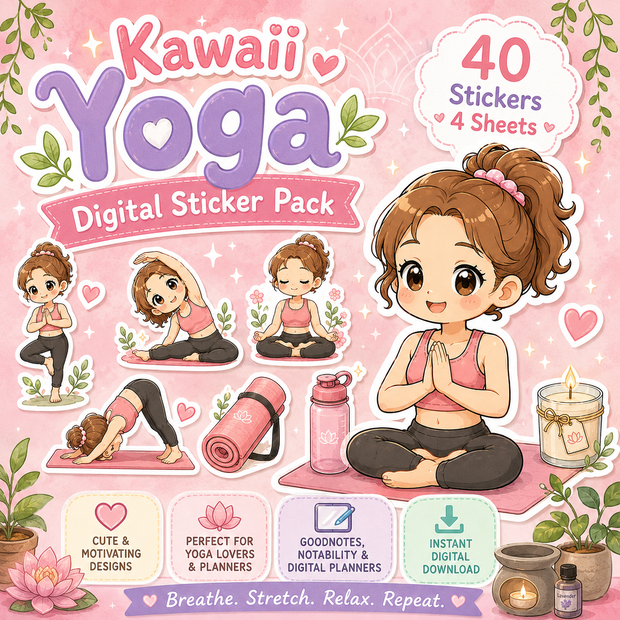 毎日のヨガやセルフケアを楽しく彩る、かわいいヨガデジタルステッカー40枚セット｜PNGイラスト素材