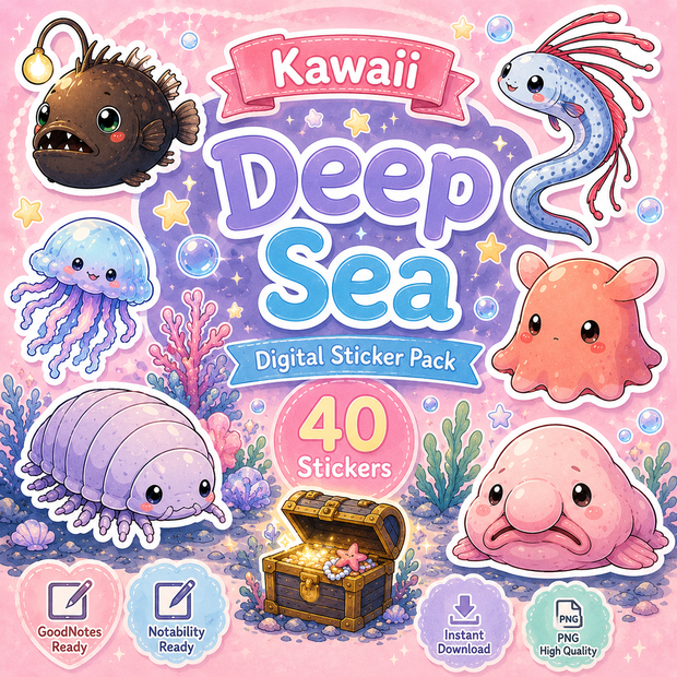 かわいい深海魚デジタルステッカー40枚セット｜GoodNotes・デジタルプランナー対応PNG素材