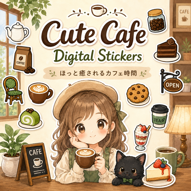 カフェデジタルステッカー コーヒー スイーツ ティー ベーカリー GoodNotes Notability対応 PNG素材