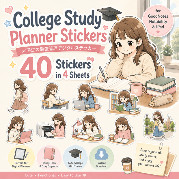 大学生の勉強管理デジタルステッカー GoodNotes対応 iPad学習手帳 課題 試験 スケジュール管理 40枚セット｜PNGイラスト素材