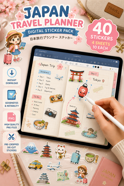 Japan Travel Planner デジタルステッカー40枚 GoodNotes対応 日本旅行プランナー 日本モチーフ 旅行手帳 ステッカー素材｜PNGイラスト素材