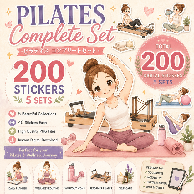 ピラティス コンプリート セット デジタルステッカー200枚 GoodNotes対応 ピラティス ウェルネス リフォーマー iPadプランナー｜PNGイラスト素材