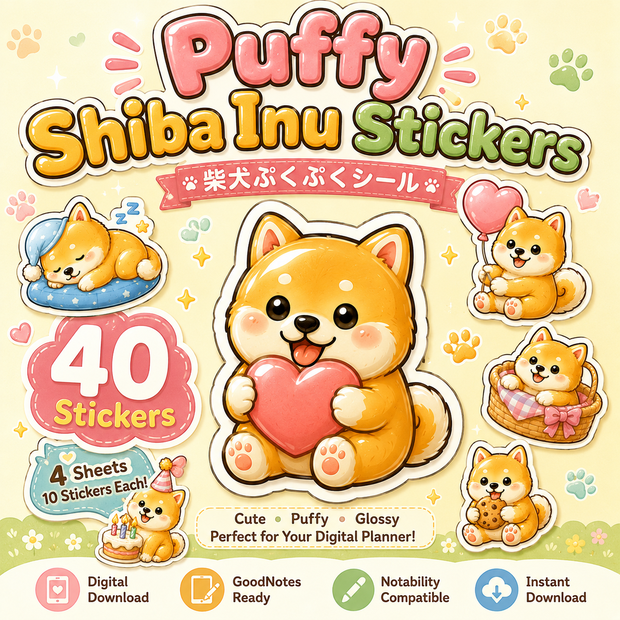 柴犬ぷくぷくシール デジタルステッカー40枚 GoodNotes Notability対応 iPad 手帳デコ PNG素材