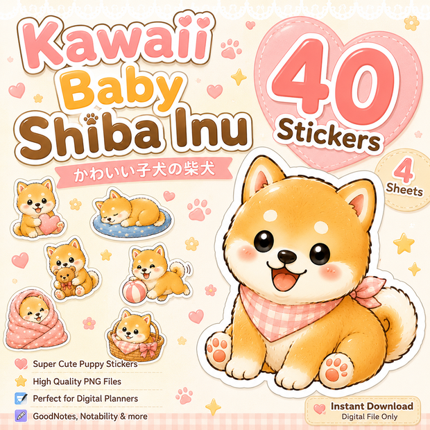 かわいい子犬の柴犬 デジタルステッカー40枚 GoodNotes Notability対応 PNG 手帳デコ iPad ダウンロード素材