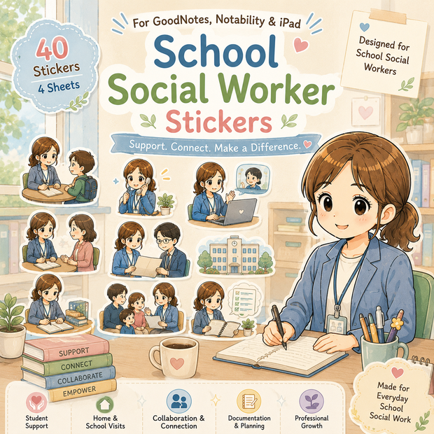 スクールソーシャルワーカーステッカー｜学校支援・教育福祉向け デジタルプランナー用40枚セット（GoodNotes・Notability対応）｜PNGイラスト素材