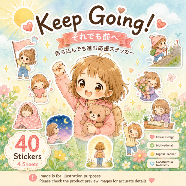 それでも前へ 応援ステッカー 40枚 4シート kawaii デジタルプランナー GoodNotes Notability対応｜PNGイラスト素材