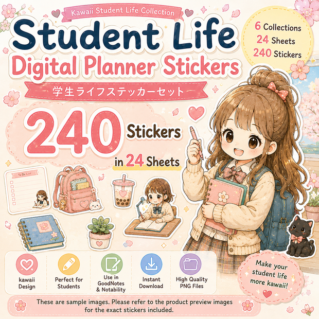 かわいい学生ライフ デジタルプランナーステッカー 240枚セット 24シート GoodNotes Notability対応 PNGダウンロード