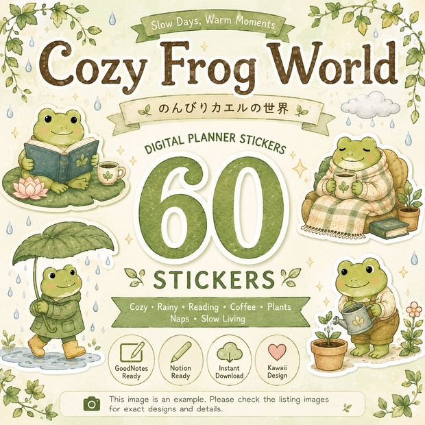 のんびりカエルの世界 60点 デジタルプランナーステッカー｜読書・雨・コーヒー・植物・日常｜PNGイラスト素材