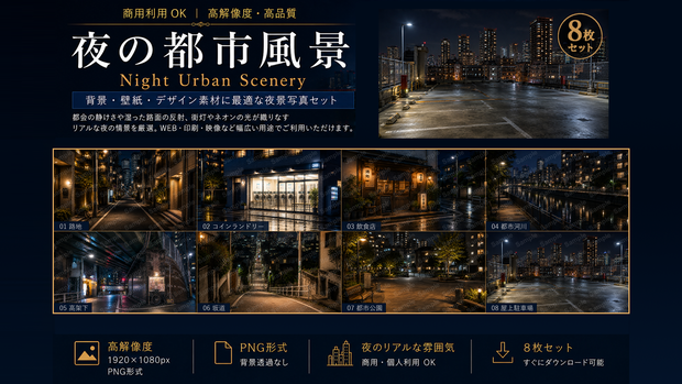 夜の都市風景 背景素材8枚セット｜1920×1080 PNG・商用利用OK