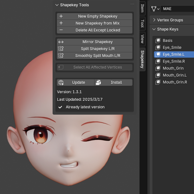 「無料」Blender Shapekey Tools 1.3.1 左右のシェイプキーをワンクリックで分割・結合
