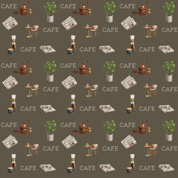 ヴィンテージカフェ＆インテリア シームレスパターン（ブラウン）