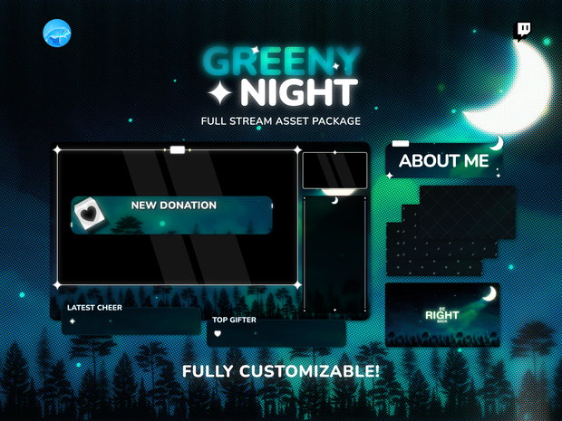 【動く配信画面/フルセット】深緑の夜「Greeny Night」Cozy & Chill 配信オーバーレイパッケージ / Greeny Night Stream Package (商用利用可)