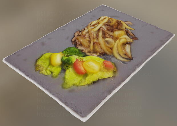 3Dモデル 肉料理　牛肉と新たまねぎとトマトサラダ　野菜炒め japan3dfood yorokondolls