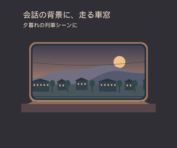 列車の会話シーンが動き出す｜夕暮れの車窓ループ背景｜ココフォリア用APNG素材