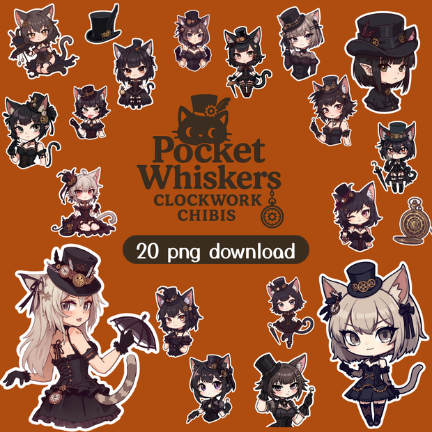 Pocket Whiskers Clockwork Chibis｜ゴシック＆クロックワーク風チビ猫クリップアート（デジタル素材)