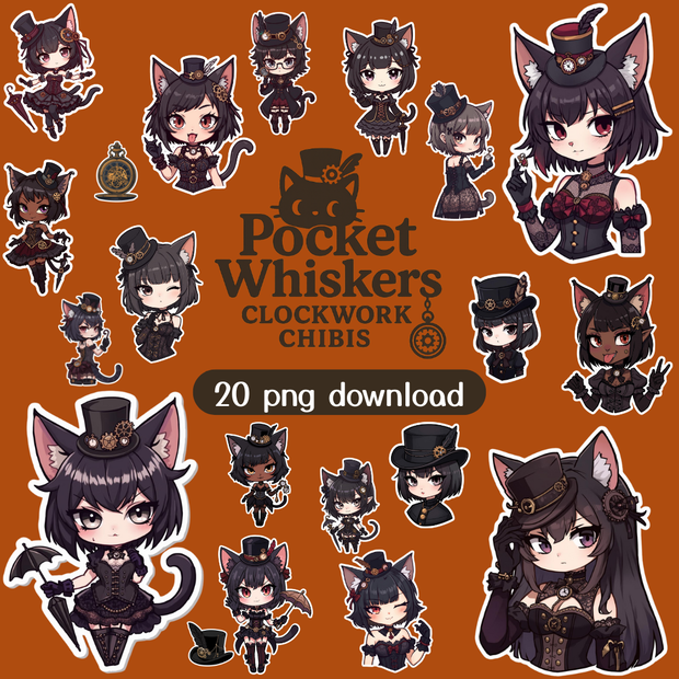 Pocket Whiskers Clockwork Chibis 5｜ゴシック＆クロックワーク風チビ猫クリップアート（デジタル素材)