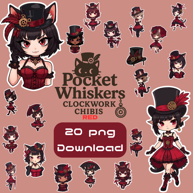Pocket Whiskers Clockwork Chibis R1｜ゴシック＆クロックワーク風チビ猫クリップアート（デジタル素材)