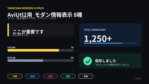 【AviUtl2】モダンUIモーションパック｜見出し・テロップ・数値・進捗表示 8種