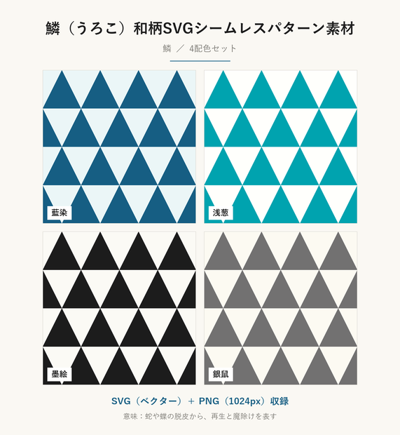鱗（うろこ）和柄SVGシームレスパターン素材 4配色｜再生と魔除けを表す伝統文様・商用可 (Uroko Japanese Seamless Pattern SVG & PNG)