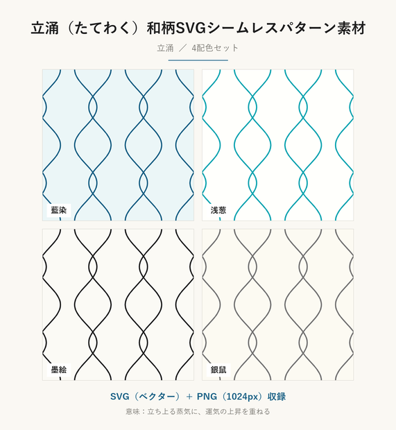 立涌（たてわく）和柄SVGシームレスパターン素材 4配色｜運気上昇を表す伝統文様・商用可 (Tatewaku Japanese Seamless Pattern SVG & PNG)