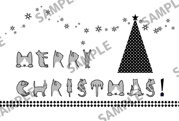 猫文字クリスマスカード（モノクロ）