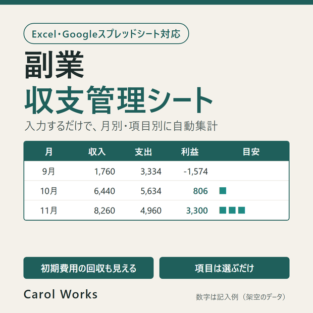 副業収支管理シート｜月別・項目別を自動集計（Excel／Googleスプレッドシート対応）